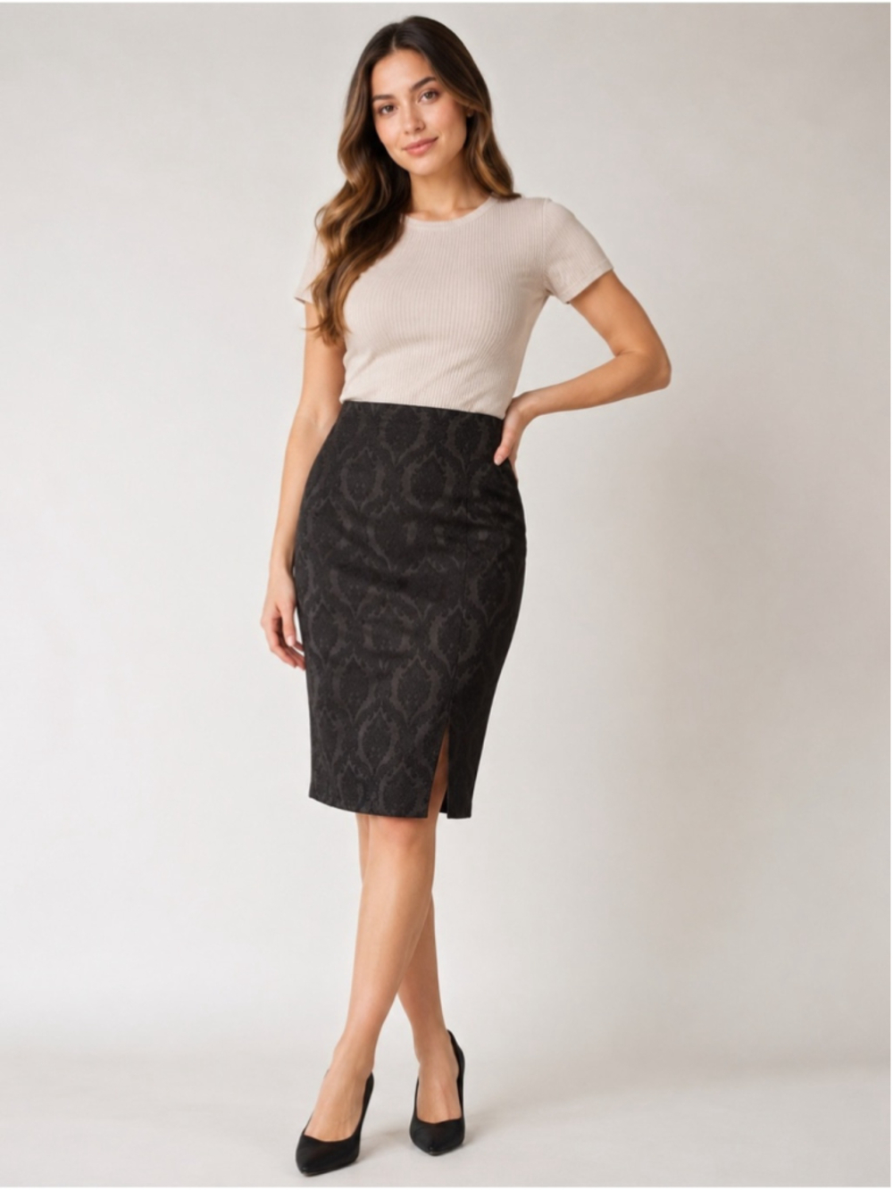 Suzy Shier High-Waist Black Patterned Pencil Skirt with Side Slit Size 0